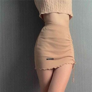 2021 Sommar Sexig Hög Midja DString Mini Skirt Kvinna Stickad Stretch Wrap Höft Kjol Khaki Y2K Kläder X0428