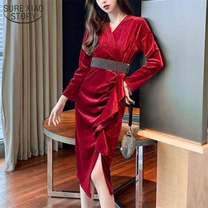 Sukienka w stylu francuskim temperament czerwony jaskrawy aksamitny kobieta jesień i zima cienkie potargane kobiety z pasem 12556 210508