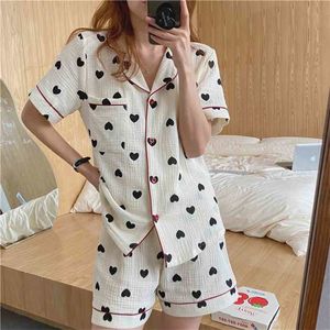 Women Summer Short Home Wear Cotton Sweet Lovely Love Printing Loose Pajamas Fashion Long Sleeve Suit 210525