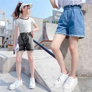 Pantalones cortos de borla de moda para chicas adolescentes de verano con dos botones de cintura alta de algodón ropa para niños estilo informal de escuela de mezclilla sólida 210723