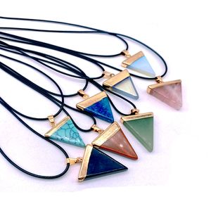 Natural Crystal Stone Gold Plated Triangle Pendant Necklaces With Rope Chain Jewelry For Women Men Party Club Decor