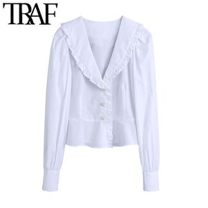 Women Sweet Fashion Ruffle Trim Cropped White Blouses Vintage Puff Sleeve Gem Buttons Female Shirts Chic Tops 210507
