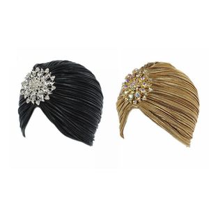 PCS Women Turban Hat Head Wrap Pleated Hair Hijab Cap With Brosch - Light Gold Black Wide Brim Hats