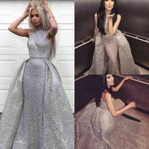 Sier Sequins Sparkly Prom Dresses High Neck Sleeveless With Overskirt Floor Length Custom Made Evening Party Gown Formal Ocn Wear Vestido