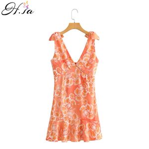 H.SA Women Sexy Dresses Low V neck Backless Pleated Vestidos Bow Tied Midi ORange Floral Summer Robe Dress 210417