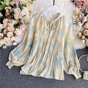 Spring and Autumn Sweet Little Fresh Stand-up Neck Tie Bowknot Chiffon Shirt Fashion Loose Lantern Sleeve Temperament Top UK082 210507