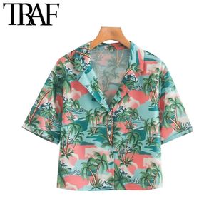 Women Fashion Printed Button-up Blouses Vintage Lapel Collar Short Sleeve Beach Female Shirts Blusas Chic Tops 210507