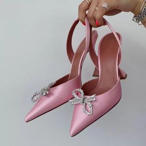 높은 굽 샌들 패션 럭셔리 디자이너 핑크 새틴 활 라인 석 버클 장식 여자 드레스 신발 정품 가죽 최고 품질 대형 샌들
