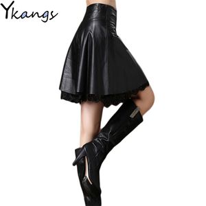 Plus Size 4XL Women Sexy Pleated Skirt High Waist Black PU Leather s Vintage Short Lace Stitching Clothing Saias 210421