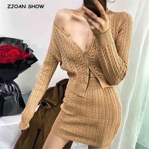 Vintage Knitting Twist Manga Longa Cardigan Mulheres Sexy Pacote Quadrilhados Mini Saia Colheita Single-Breasted Button Sweater 2 peças Set 210429