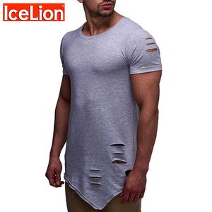 Icelion Primavera Irregular Hole T Shirt Homens Casual Longa Fitness T-shirt Verão Manga Curta Sólida Slim Fit Tshirt 210623