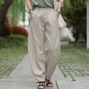 Johnature Women Straight Long Pants Elastic Waist Casual Vintage Cotton Linen Trouser Summer Solid Color Female Pants 210521