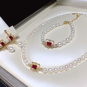 Orecchini Collana HABITOO 6-7mm Braccialetto di perle d'acqua dolce naturali bianche Rosso CZ Sqaure Raccordi Splendido set di gioielli per le donne