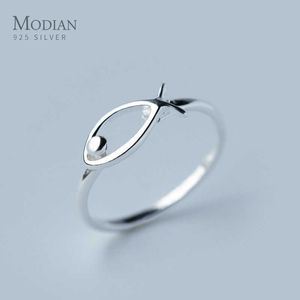 Echter 925 Sterling Silber Minimalismus Einfacher Fischring für Frauen Mode Tier Freie Größe Edlen Schmuck Zubehör 210707