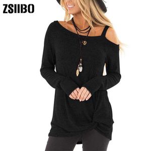 Jesień koszulka femme vintage kobiety zimny kolor solidny kolor t-shirt z długim rękawem węzeł brandy topy ubrania koszulki dropshipping x0628