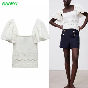 VuWyv White Elegant Wzburzyć Knit Crop Top Kobiety Swetry Spring Chic High Street Ladies Krótki rękaw Elastyczne Bluzki 210430