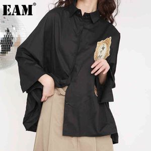 [EAM] Women Black Pattern Casual Big Size Blouse Lapel Long Sleeve Loose Fit Shirt Fashion Spring Autumn T384 210512