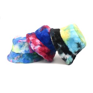 New Colorful Tie Dye Fishing Caps Panama Bob Fisherman Gorros Warm Soft Faux Fur Winter Bucket Hat for Women Ladies