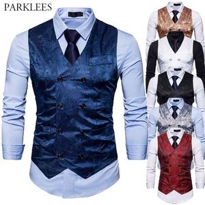 Mäns Gentleman Formell Slim Fit Double Breasted Dress Suit Västar Mode Paisley Print Men Vest Waistcoat Colete Masculino 210923