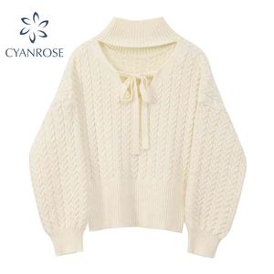 Twist Ribbed Sweater Spring Långärmad Kvinnors Aprikos Pullover Knitwear Hollow Out Lace Up Elegant Stand Krage Sticka Toppar 210417