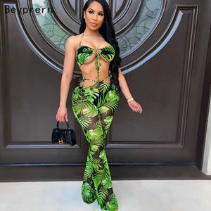 Beyprern Beautiful Halter Neck Cut Out Byxor Sätta Tvådelad Outfits Sommar Mode Palm Print Laced Mesh Set Party Club bär Y0625