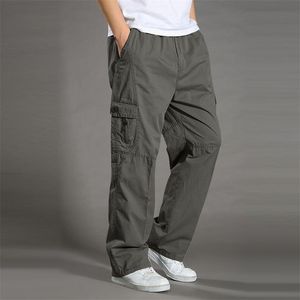 Mäns Casual Trousers Bomull Overaller Elastisk Midja Full Len Multi-Pocket Plus Gödselkläder Storlek Lastbyxor 210715