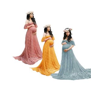 CHCDMP New Elegant Lace Maternity Dress Photography Props Long Dresses Pregnant Women Clothes Fancy Pregnancy Photo Props Shoot Q0713