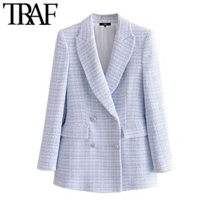 ONKOGENE Frauen Mode Zweireiher Tweed Check Blazer Mantel Vintage Langarm Taschen Weibliche Oberbekleidung Chic Veste 211019