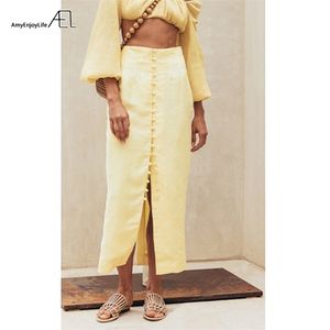 AEL Verão Mulheres High Cintura Botão Bodycon Maxi Saia Amarelo Saia Longa Chute Preto Vestuário Jupe Femme 210621