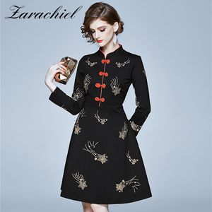 Vintage Golden Star Haft Jesień Wiosna Kobiety Elegancka Mandarin Collar Klamra Nadgarstek Rękaw Kobiet A-Line Sukienka Vestido 210416