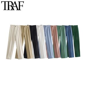 TRAF Women Chic Fashion Office Wear Straight Pants Vintage High Waist Zipper Fly Female Trousers Mujer 211118