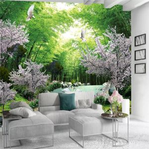 3D wallcovering papel de parede romântico lago de cisne na floresta de bambu verde sala de estar quarto cozinha pintura mural papéis de parede