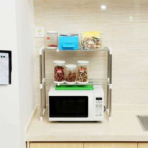 Stainless Steel Adjustable Multifunctional Microwave Oven Shelf Rack Standing Type Double Kitchen Storage Holders Home Bathroom 211112