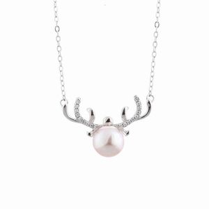 XD169 Prezent S925 Silver Elk Engwater Pearl Naszyjnik Moda Prosty Koreański Łańcuch