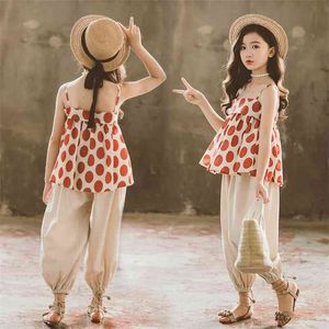 Summer Children Sets Casual Strap Brown Polka Dot Tops Solid Wide leg pants 2Pcs Girls Clothes 3-12T 210629