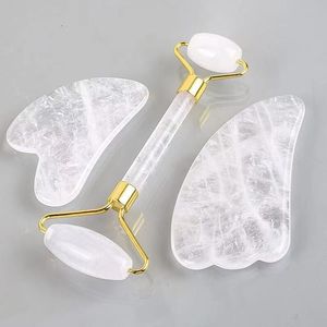 Natural Rock Quartz Stone Jade Roller Massager Gua Sha Tool Present Box Set Spa Acupuncture Scraping Crystal Body Face Face Health Care Massage