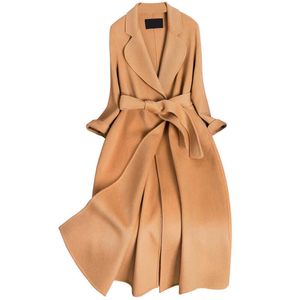 Dubbelsidig Cshmere Coat Dam Ull Koreansk High-end Lös Elegant Ull Vinter Dam Lång Jacka Med Bälte Y576