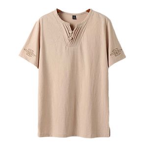 メンズラージサイズの服Tシャツのリネン中国風の夏のVネック大きな半袖Tシャツ男性ティートップスプラス6xl 7xl 8xl 9xl 210629