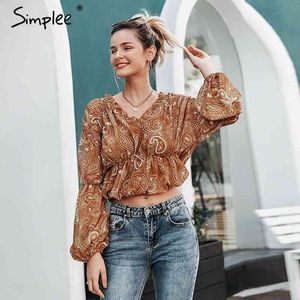 Ruffled V-Neck Kvinnor Elastisk Hög midja Chiffon Kvinna Puff Sleeve Print Ladies Top Blouse Shirt 210414