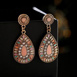 Ethnic Women's Bohemia Gold Alloy Stud Earrings Tibetan Jewelry Handmade Rhinestone Water Drop Shape Wedding