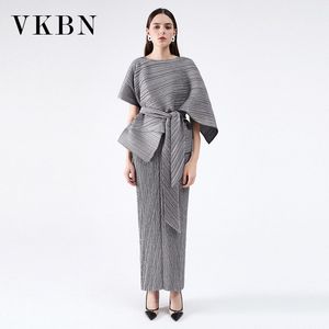 VKBN Summer Dress Women Shawl Suit Slash Neck Sleeveless Pleated Fabric In Multiple Colors 2 Piece Set Women Dress Elegant 210507