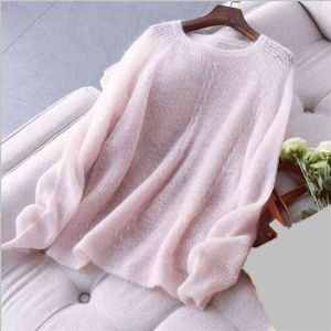 긴팔 라운드 넥 얇은 스웨터 여성 느슨한 솔리드 컬러 중공 간단한 bottoming 풀오버 스웨터 여성 봄 여름 210918