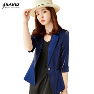 Alta End Marinho Azul Acetato Cetim Blazer Mulheres Verão Meia Manga Slim Negócio Formal Jaqueta Escritório Senhoras moda Trabalho Casaco 210604