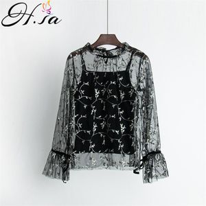 H.SA Embroidery Peplum Women Black Floral Transparent Sexy Tops Fashion High Neck Lace Sheer Blouse Feminino 210417