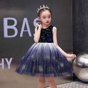 Sparkle Kids Girls Sequins Dress Navy Blue Tutu Party Gown for Elder Children Birthday Costume 210529