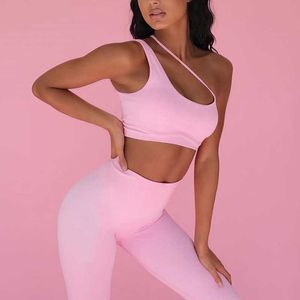 Women's Yoga Fitness Sportswear Gym One Shoulder Bra And Leggings Pants Set Female High Waist Pant Push Ups Running Jogging 210604