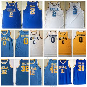 Vintage NCAA UCLA Bruins College Basketball Maglie 0 Russell Westbrook 2 Lonzo Ball Jersey 31 Reggie Miller 32 Bill Walton 42 Kevin Love Stitched Shirts S-XXL