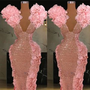2022 Arabski Plus Size Sukienki wieczorowe 3D Kwiat V Neck Cekiną Sheath Prom Formal Party Drugi Reception Suknie