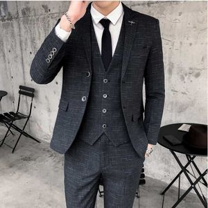 Mężczyźni 3 sztuki garnitur wiosna jesień Plaid Slim Fit Business Formalne Casual Casual Garnitury Pracy Party Prom Wedding Groom X0909