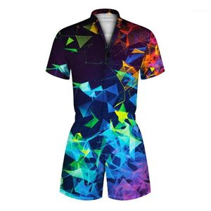 Kvinnors Jumpsuits Rompers Män Kvinnor Geometri Print Zipper Romper Playsuits Kortärmad V Neck Fit Slim Jumpsuit Casual Overaller Plus Storlek